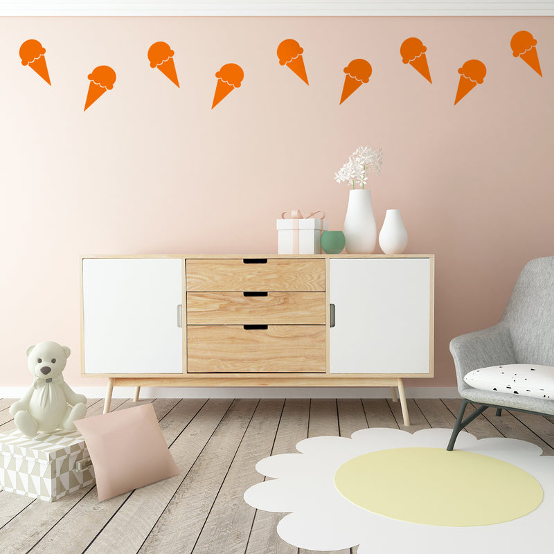 Set of 15 Vinyl Wall Art Decals - Ice Cream Cones - 6.3" x 3" Each - Fun Home Bedroom Living Room Apartment Nursery Playroom - Cute Little Kids Toddler Teens Indoor Decor (6.3" x 3" Each; Orange) Orange 6.3" x 3" each