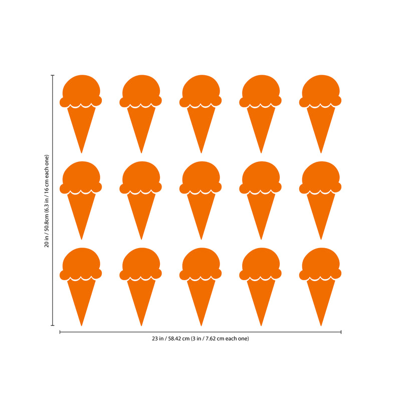 Set of 15 Vinyl Wall Art Decals - Ice Cream Cones - 6.3" x 3" Each - Fun Home Bedroom Living Room Apartment Nursery Playroom - Cute Little Kids Toddler Teens Indoor Decor (6.3" x 3" Each; Orange) Orange 6.3" x 3" each 3