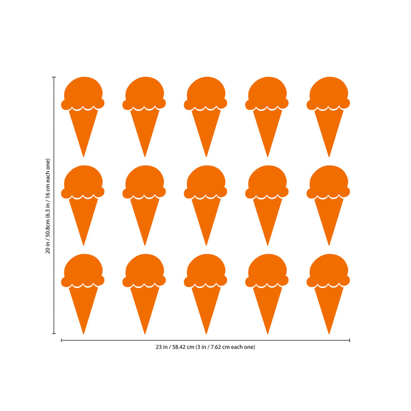 Set of 15 Vinyl Wall Art Decals - Ice Cream Cones - 6.3" x 3" Each - Fun Home Bedroom Living Room Apartment Nursery Playroom - Cute Little Kids Toddler Teens Indoor Decor (6.3" x 3" Each; Orange) Orange 6.3" x 3" each 3