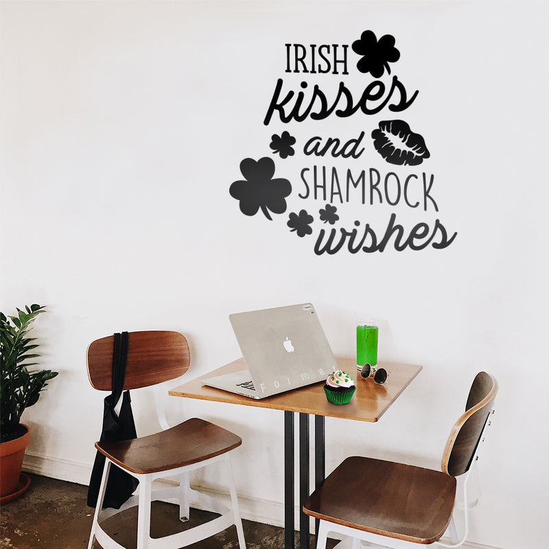 St Patrick’s Day Vinyl Wall Art Decal - Irish Kisses and Shamrock Wishes - 23" x 23" - St Patty’s Holiday Home Living Room Bedroom Sticker - Coffee Shop Bar Apartment Decor (23" x 23"; Black) Black 23" x 23" 3
