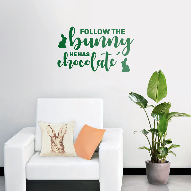 Easter Day Vinyl Wall Art Decal - Follow The Bunny He Has The Chocolate - 15" x 25" - Resurrection Sunday Pascha Holiday Modern Cute Home Living Room Bedroom Apartment Decor (15" x 25"; Green) Green 15" x 25" 3