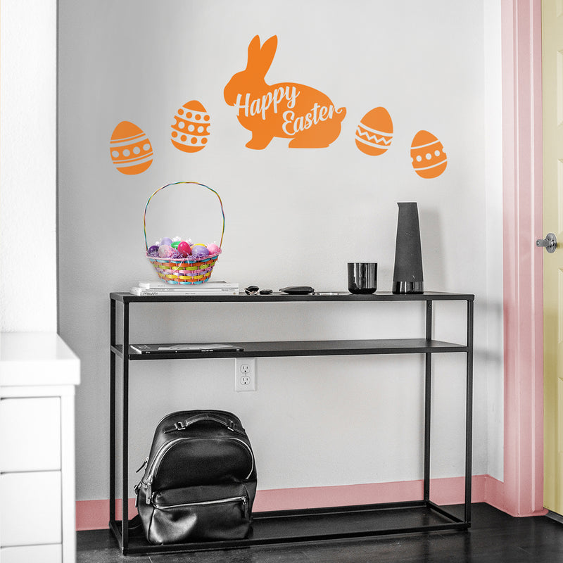 Easter Day Vinyl Wall Art Decal - Happy Easter Bunny - 16.83" x 18" - Cursive Resurrection Sunday Pascha Holiday Home Living Room Bedroom Apartment Nursery Office Work Decor (16.83" x 18"; Orange) Orange 16.83" x 18" 2