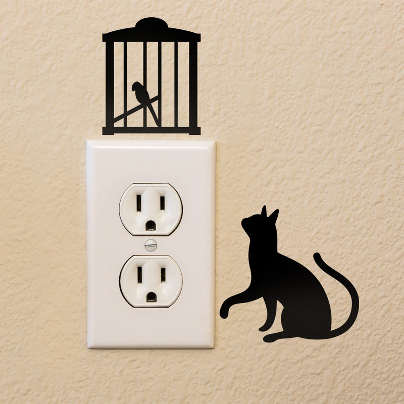 Vinyl Wall Art Decal - Cat and Bird - 7.0 - Cute Home Apartment Kids Bedroom Nursery Playroom Light Switch Decor - Laptop Computer Skin Car Bumper Sticker Designs (7.0; Black)   2