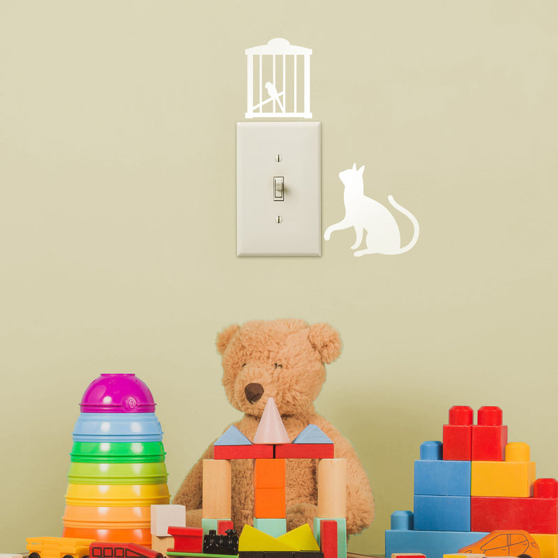 Vinyl Wall Art Decal - Cat and Bird - 7.02" x 5.39" - Cute Home Apartment Kids Bedroom Nursery Playroom Light Switch Decor - Laptop Computer Skin Car Bumper Sticker Designs (7.02" x 5.39"; White) White 7.02" x 5.39" 3