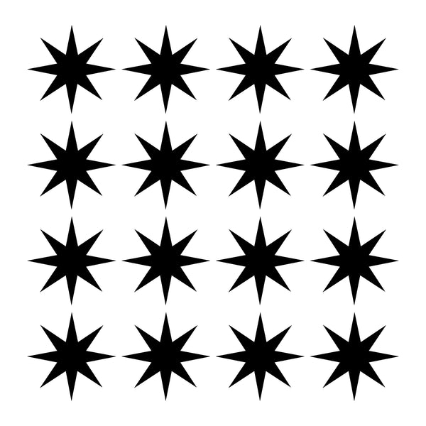 Set of 16 Vinyl Wall Art Decals - 8 Point Stars - Each - Cool Fun Sticker Shapes For Kids Toddlers Teens Bedroom Playroom Nursery Living Room Home Apartment Decorations (each; Black)