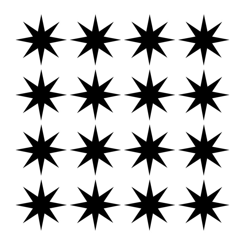 Set of 16 Vinyl Wall Art Decals - 8 Point Stars - Each - Cool Fun Sticker Shapes For Kids Toddlers Teens Bedroom Playroom Nursery Living Room Home Apartment Decorations (each; Black)