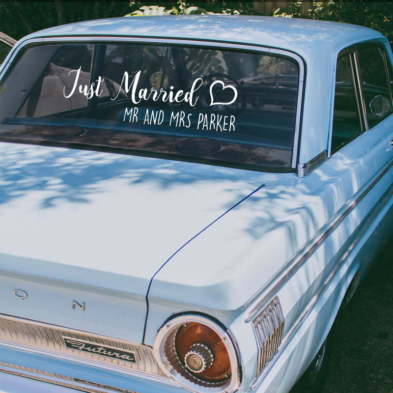 Vinyl Wall Art Decal - Custom Just Married Names - Modern Wedding Celebration Quote For Husband Wife Home Apartment Bedroom Living Room Car Windshield Window Sticker Decoration