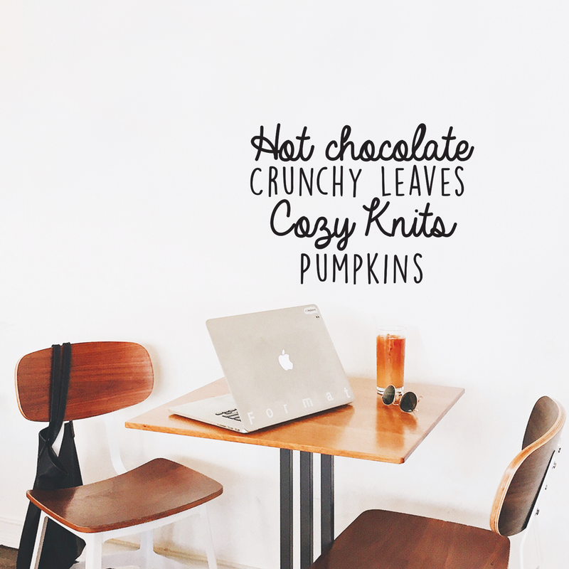 Vinyl Wall Art Decal - Hot Chocolate Crunchy Leaves Cozy Knits Pumpkins - 17" x 23.5" - Autumn Harvest Fall Seasonal Quote For Home Bedroom Kitchen Dining Room Office Decoration Sticker Black 17" x 23.5" 2