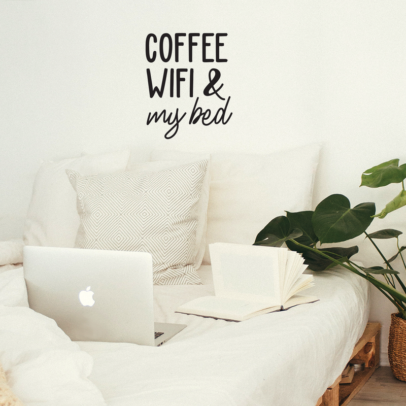 Vinyl Wall Art Decal - Coffee Wifi & My Bed -22" x 17" - Trendy Funny Sticker Quote For Home Bedroom Living Room Dorm Room Kitchen Coffee Shop Cafe Decor Black 22" x 17" 2