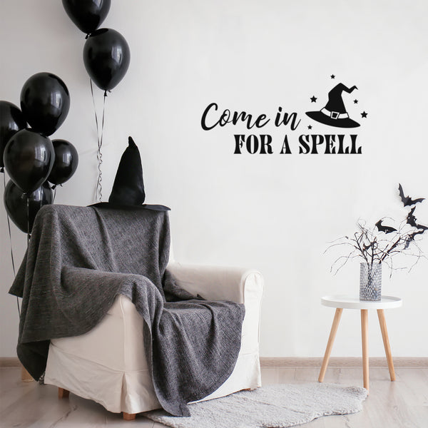 Vinyl Wall Art Decal - Come In For A Spell -Trendy Fun Halloween Humorous Quote Hat Design Sticker For Living Room Windows Doors Entry Storefront Coffee Shop Spooky Decor