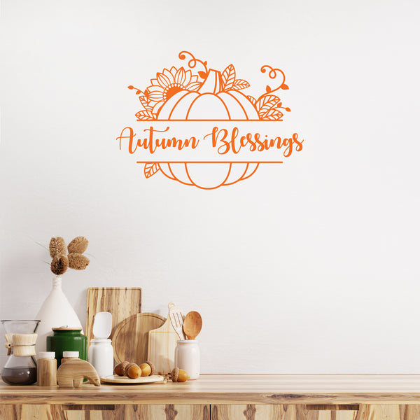 Vinyl Wall Art Decal - Autumn Blessings - Modern Lovely Fall Pumpkins Season Design Sticker For Home Family Room School Office Coffee Shop Doors Windows Storefront Decor